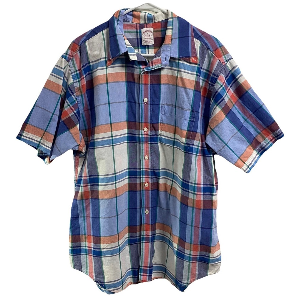 Brooks‎ Brothers Madison Men's Plaid Short Sleeve Button Down Shirt Blue/White L